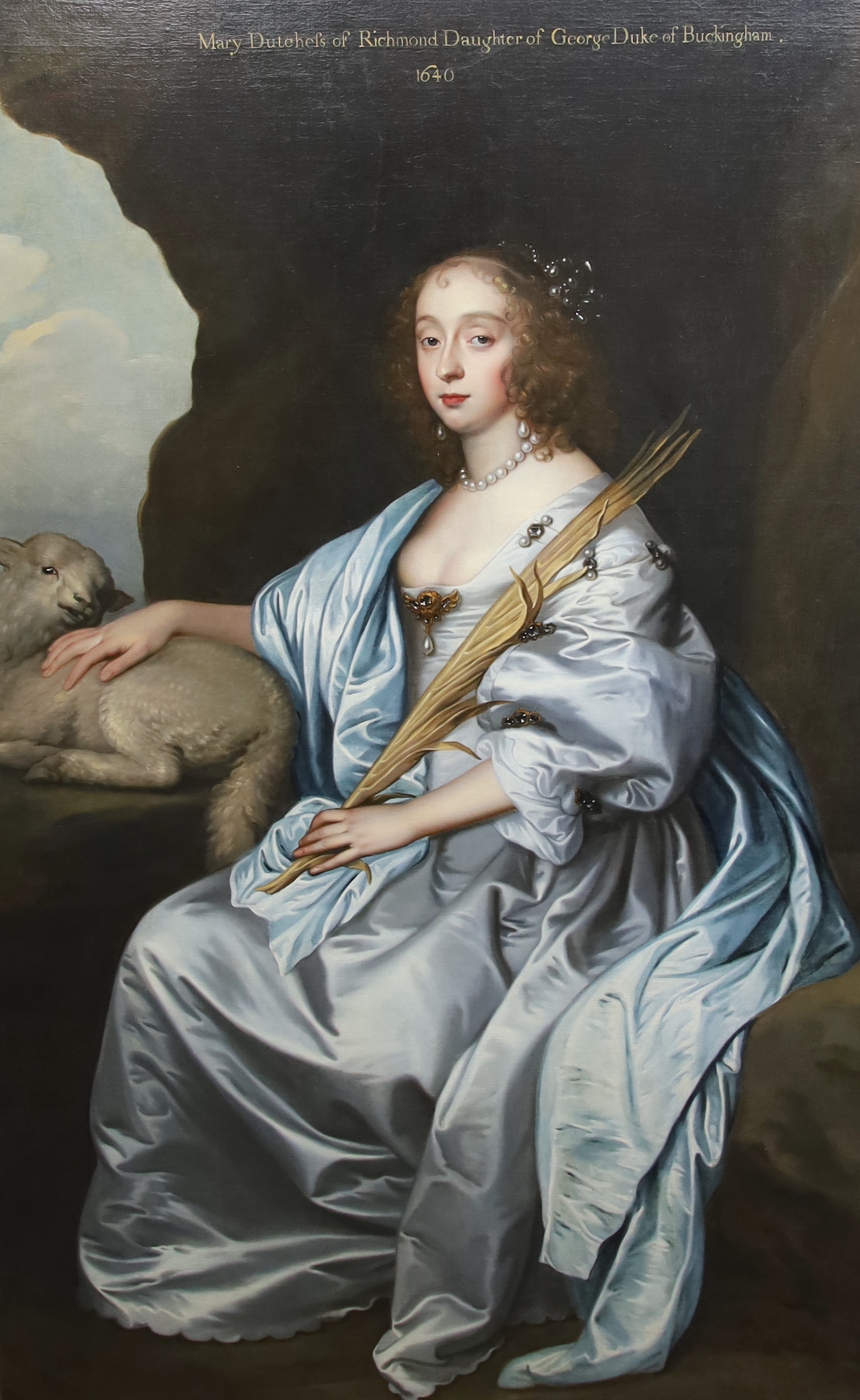 Studio of Sir Anthony Van Dyck (1599-1641), Portrait of Lady Mary Villiers (1622-1641), Lady Herbert and later Duchess of Lennox and Richmond (1622-1685), full-length, seated in a landscape as St Agnes, her right arm res